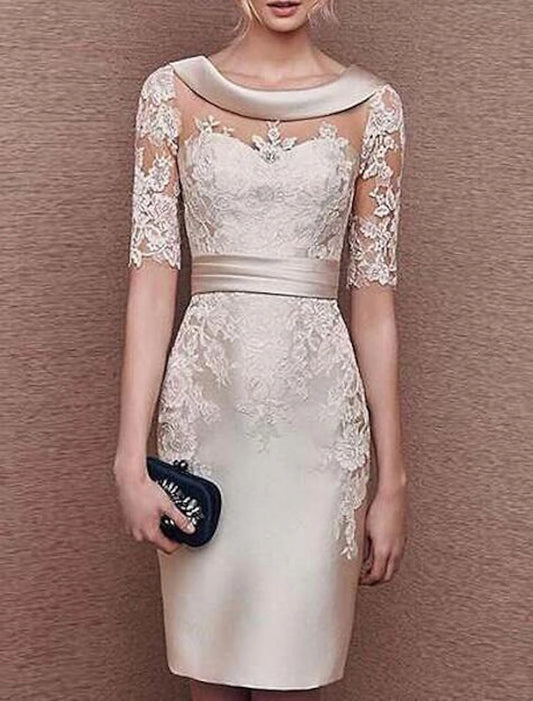 Wholesale Sheath / Column Mother of the Bride Dress Fall Wedding Guest Vintage Elegant Jewel Neck Knee Length Satin Lace Short Sleeve with Appliques