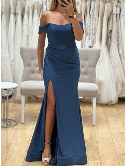 Wholesale Sheath / Column Bridesmaid Dress Off Shoulder Short Sleeve Blue Floor Length Stretch Fabric with Split Front / Ruching / Solid Color