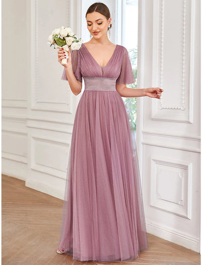 Wholesale  A-Line Bridesmaid Dress V Neck Short Sleeve Plus Size Floor Length Tulle with Ruffles / Draping/Butterfly Sleeve