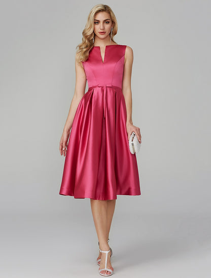 Wholesale A-Line Party Dress Wedding Guest Cocktail Party Knee Length Sleeveless V Wire Pink Dress Satin with Sash / Ribbon