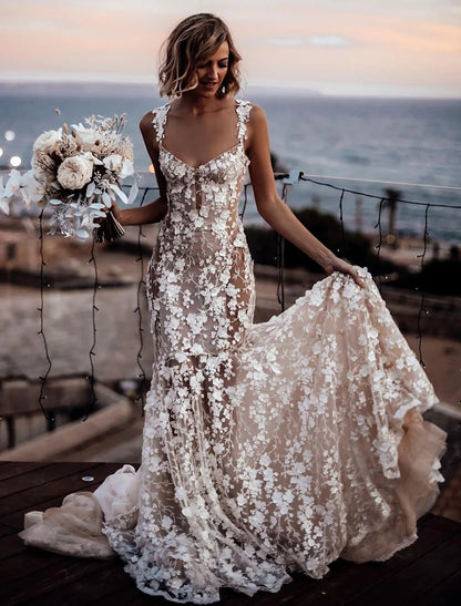 Wholesale Beach Sexy Boho Wedding Dresses Mermaid / Trumpet Sweetheart Regular Straps Court Train Lace Bridal Gowns With Appliques