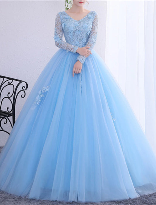 Wholesale Ball Gown Quinceanera Dresses Princess Dress Performance Quinceanera Floor Length Long Sleeve V Neck Polyester with Crystals Appliques