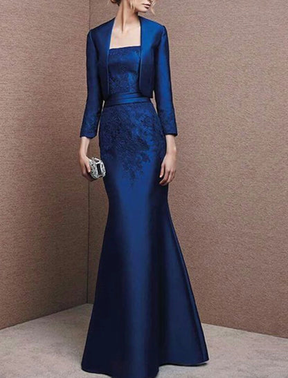 Wholesale Two Piece Mermaid / Trumpet Mother of the Bride Dress Wedding Guest Elegant Strapless Floor Length Satin Lace 3/4 Length Sleeve with Appliques Solid Color