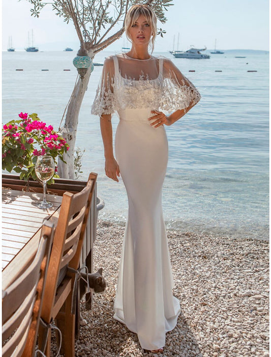 Wholesale  Beach Open Back Casual Wedding Dresses Mermaid / Trumpet Square Neck Sleeveless Sweep / Brush Train Satin Bridal Gowns With Buttons Beading