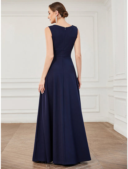 Wholesale  A-Line Evening Gown Plus Size Dress Formal Wedding Guest Floor Length Sleeveless Jewel Neck Bridesmaid Dress Polyester with Draping Appliques