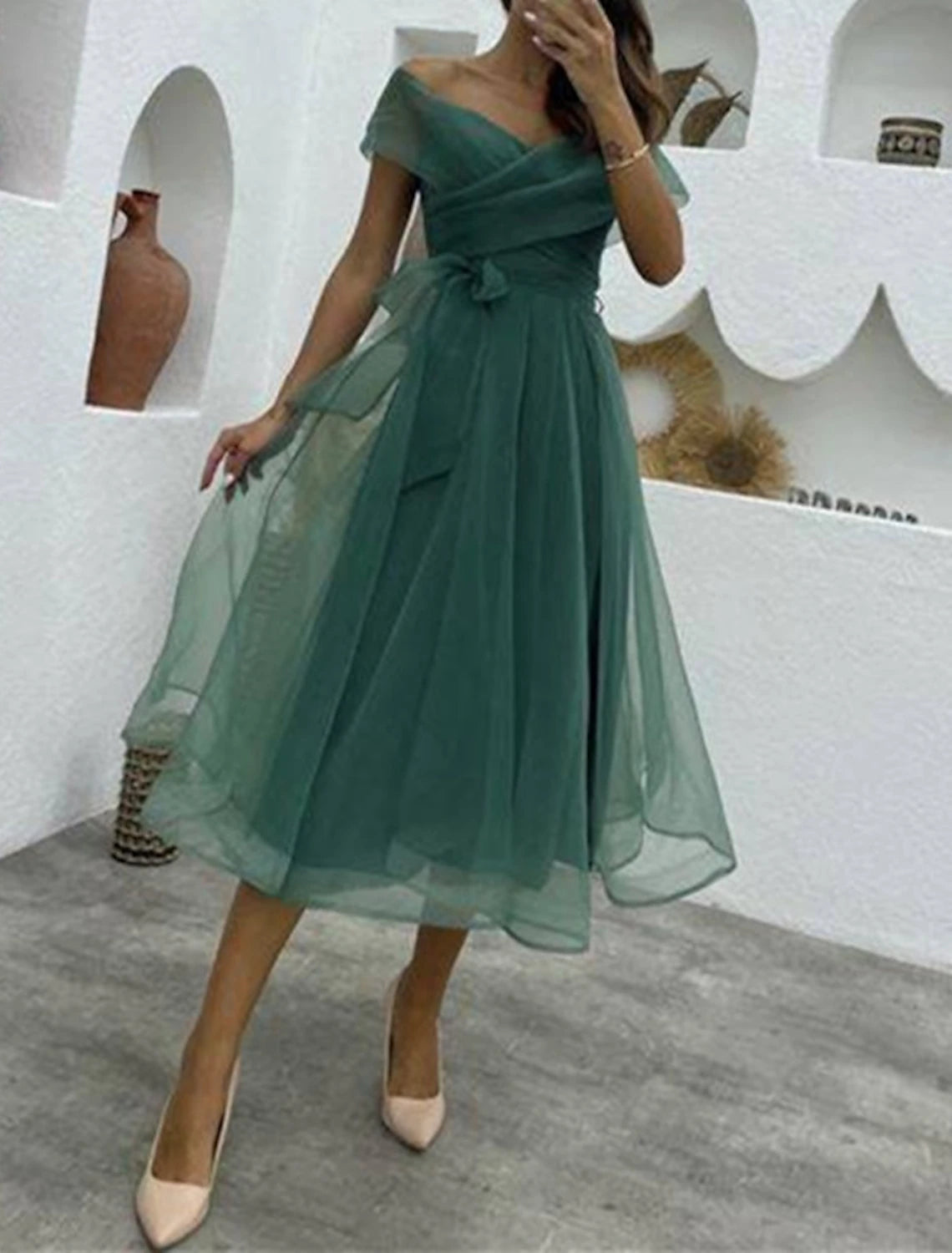 Wholesale A-Line Cocktail Dresses 1950s Dress Wedding Guest Birthday Tea Length Sleeveless Off Shoulder Belt / Sash Organza with Ruched