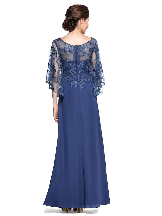 Wholesale Sheath / Column Mother of the Bride Dress Elegant See Through Bateau Neck Ankle Length Chiffon Lace Half Sleeve with Lace