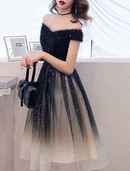 Wholesale A-Line Glittering Gradient Party Wear Cocktail Party Dress Off Shoulder Short Sleeve Knee Length Tulle with Sequin