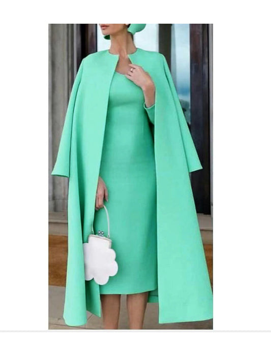 Wholesale Two Piece Sheath / Column Mother of the Bride Dress Fall Wedding Guest Dresses Church Elegant Jewel Neck Knee Length Stretch Fabric Half Sleeve Jacket Dresses with Solid Color