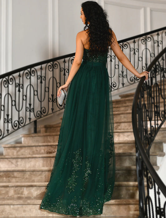 Wholesale Mermaid / Trumpet Prom Dresses Emerald Green Dress Christmas Formal Evening Court Train Sleeveless Strapless Tulle with Slit Appliques