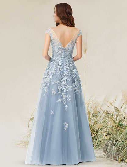 Wholesale A-Line Empire Elegant Party Wear Formal Evening Dress Jewel Neck Sleeveless Floor Length Lace with Appliques