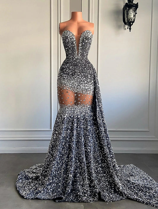 Wholesale Mermaid / Trumpet Evening Gown Sparkle & Shine Dress Carnival Formal Court Train Sleeveless Strapless African American Sequined with Beading Sequin