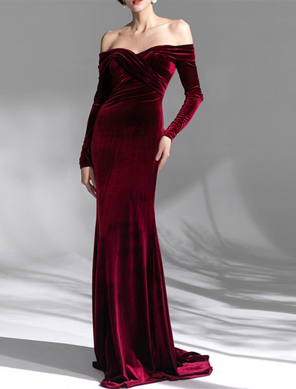 Wholesale Mermaid / Trumpet Evening Gown Open Back Dress Formal Wedding Guest Sweep / Brush Train Long Sleeve Off Shoulder Velvet with Ruched