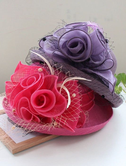 Wholesale Hats Headwear Polyester Organza Bucket Hat Straw Hat Sun Hat Casual Holiday Luxury Elegant With Feather Floral Headpiece Headwear