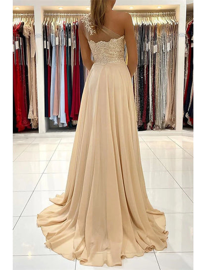 Wholesale A-Line Prom Dresses Sexy Dress Formal Wedding Guest Court Train Sleeveless One Shoulder Chiffon with Slit Appliques