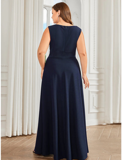 Wholesale  A-Line Evening Gown Plus Size Dress Formal Wedding Guest Floor Length Sleeveless Jewel Neck Bridesmaid Dress Polyester with Draping Appliques