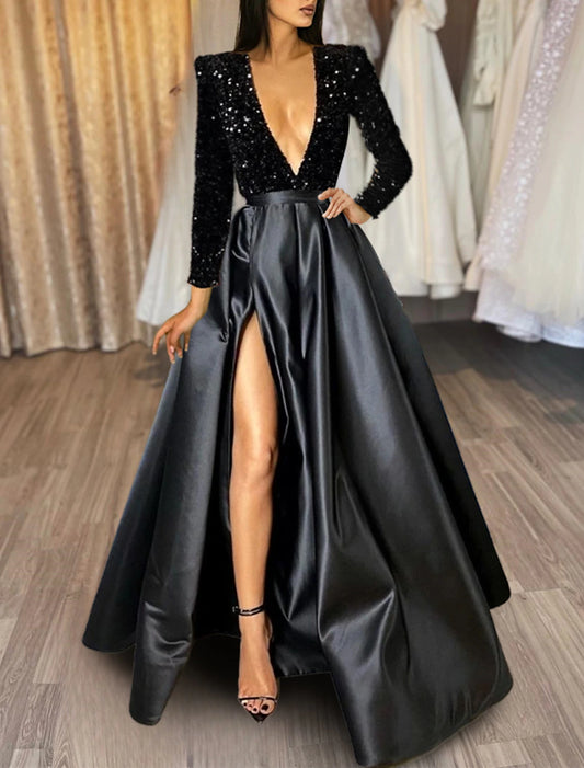 Wholesale A-Line Evening Gown Christmas Red Green Dress Formal Black Dress Plus Size Wedding Court Train Half Sleeve V Neck Satin with Sequin Slit