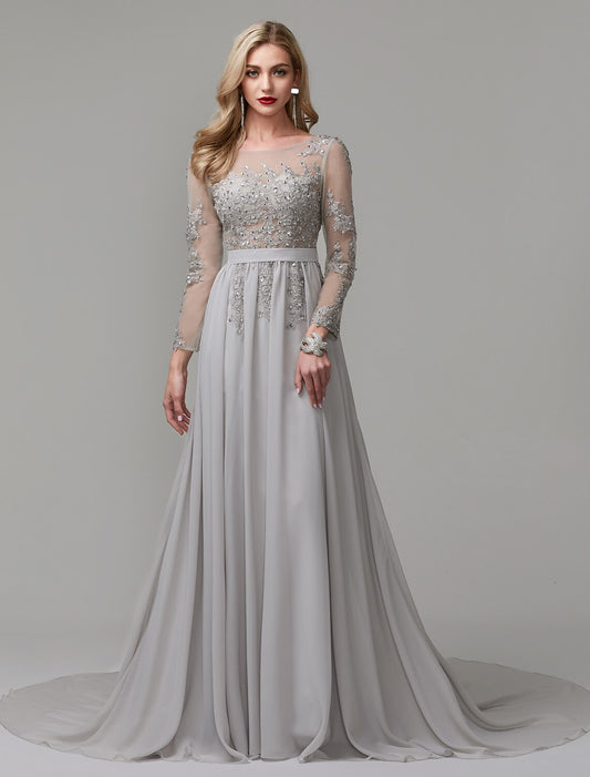 Wholesale A-Line Luxurious Engagement Formal Evening Dress Illusion Neck V Back Low Back Long Sleeve Chapel Train Chiffon with Sequin Appliques