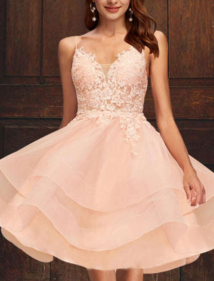 Wholesale A-Line Cocktail Dresses Plus Size Dress Homecoming Graduation Short / Mini Sleeveless V Neck Pink Dress Tulle with Tiered