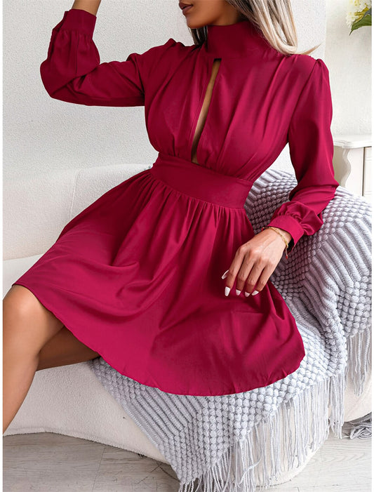 Wholesale Women‘s Christmas Party Dress Cut Out Dress Cocktail Dress Mini Dress Black White Wine Long Sleeve Pure Color Ruched Spring Fall Winter Stand Collar Fashion Wedding Guest Birthday Vacation