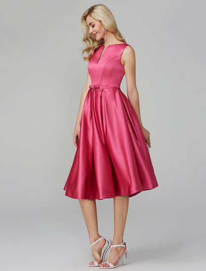 Wholesale A-Line Party Dress Wedding Guest Cocktail Party Knee Length Sleeveless V Wire Pink Dress Satin with Sash / Ribbon