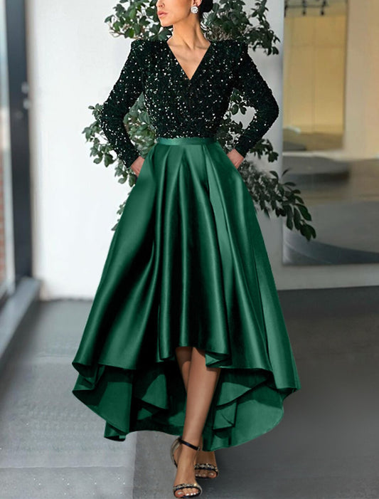 Wholesale A-Line Cocktail Dresses Christmas Red Green Dress Formal Wedding Guest Tea Length Long Sleeve V Neck Sequined with Sequin