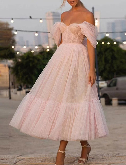 Wholesale A-Line Prom Dresses Princess Dress Wedding Guest Homecoming Ankle Length Short Sleeve Strapless Pink Dress Tulle with Ruched