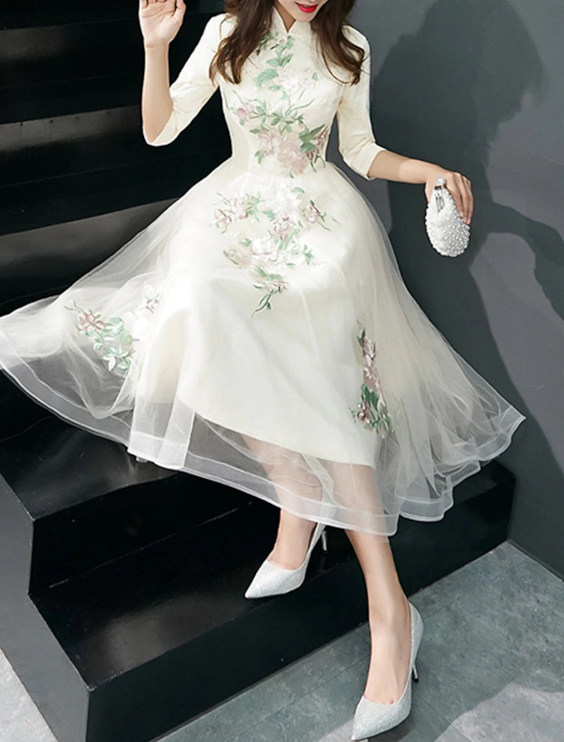 Wholesale A-Line Cocktail Dresses Elegant Dress Wedding Guest Party Wear Tea Length Half Sleeve Stand Collar Tulle with Appliques