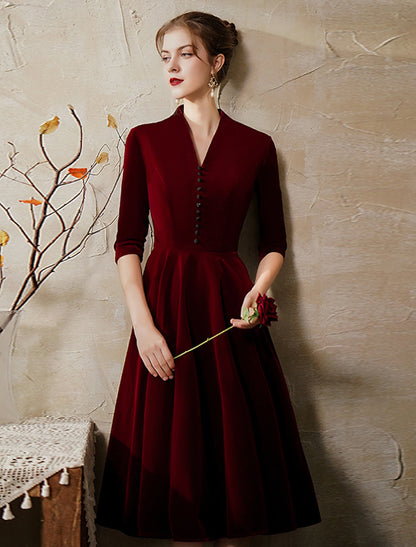 Wholesale A-Line Minimalist Vintage Party Wear Cocktail Party Dress V Neck Half Sleeve Tea Length Velvet with Sleek