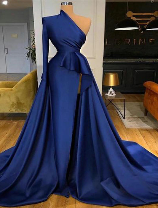 Wholesale A-Line Peplum Sexy Wedding Guest Formal Evening Dress One Shoulder Long Sleeve Court Train Satin with Ruffles