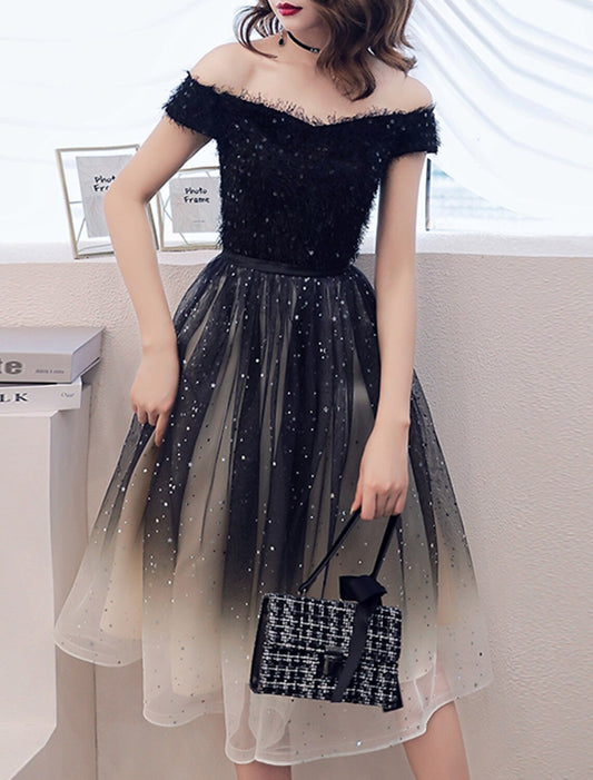 Wholesale A-Line Glittering Gradient Party Wear Cocktail Party Dress Off Shoulder Short Sleeve Knee Length Tulle with Sequin