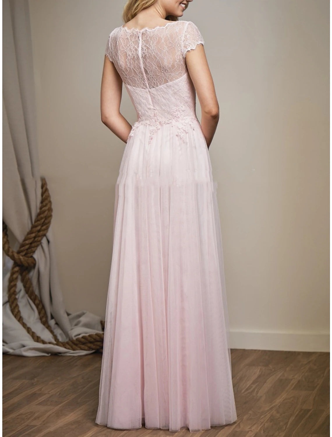 Wholesale A-Line Bridesmaid Dress V Neck Short Sleeve Elegant Floor Length Tulle with Lace / Ruching