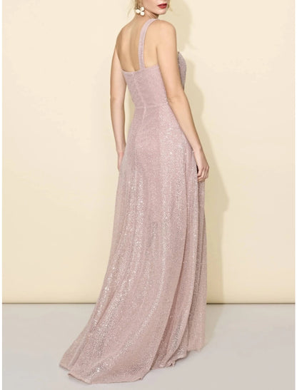 Wholesale A-Line Bridesmaid Dress One Shoulder Sleeveless Elegant Sweep / Brush Train Sequined with Split Front / Ruching