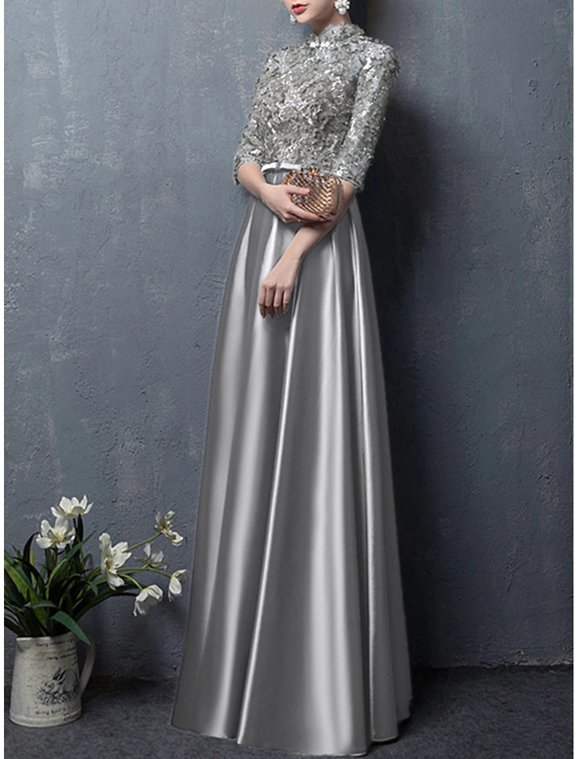 Wholesale A-Line Mother of the Bride Dress Wedding Guest Vintage Elegant High Neck Floor Length Satin Half Sleeve with Bow(s) Appliques Fall