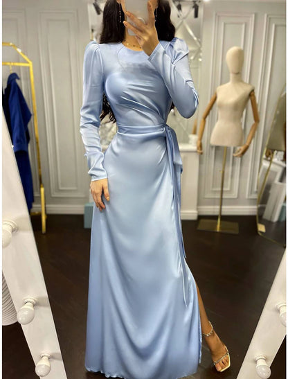 Wholesale Sheath / Column Evening Gown Elegant Dress Wedding Guest Fall Floor Length Long Sleeve High Neck Bridesmaid Dress Satin with Ruched