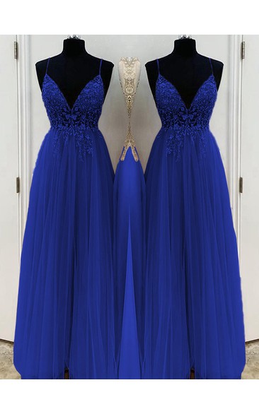 TingPo Wholesale Elegant A-Line/Elegant Beading Tulle Spaghetti Straps Sleeveless Floor-Length Prom Dresses