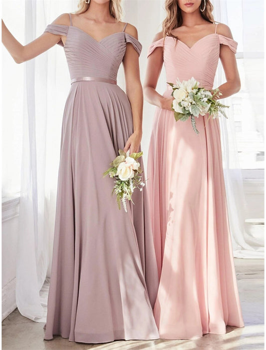 Wholesale A-Line Bridesmaid Dress Off Shoulder Sleeveless Pink Floor Length Chiffon with Sash / Ribbon / Ruching