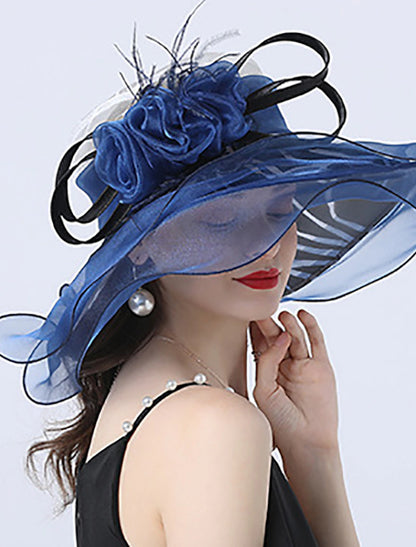 Wholesale Fascinators Kentucky Derby Hat Headwear Polyester Organza Sun Hat Top Hat Veil Hat Holiday Beach Elegant Vintage With Feather Lace Side Headpiece Headwear