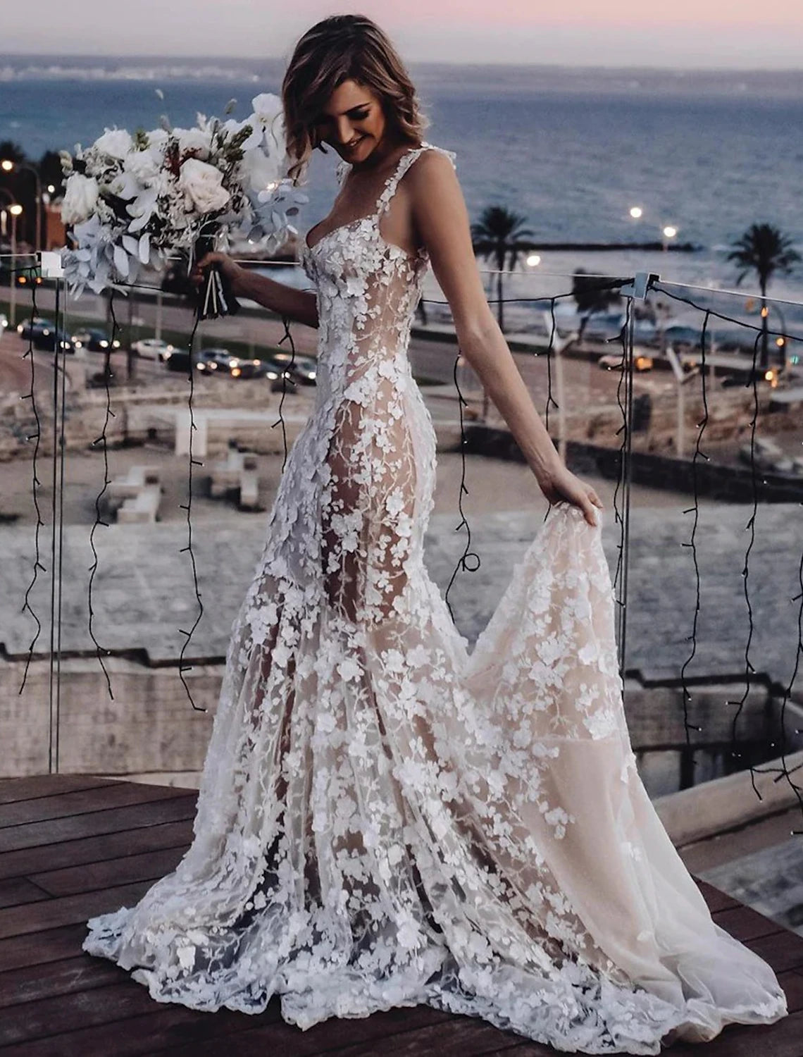 Wholesale Beach Sexy Boho Wedding Dresses Mermaid / Trumpet Sweetheart Regular Straps Court Train Lace Bridal Gowns With Appliques