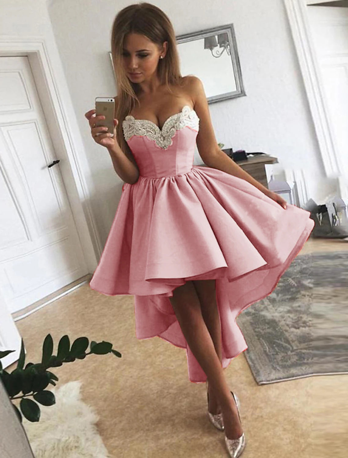 Wholesale A-Line Cocktail Dresses Minimalist Dress Homecoming Asymmetrical Sleeveless Strapless Satin with Appliques