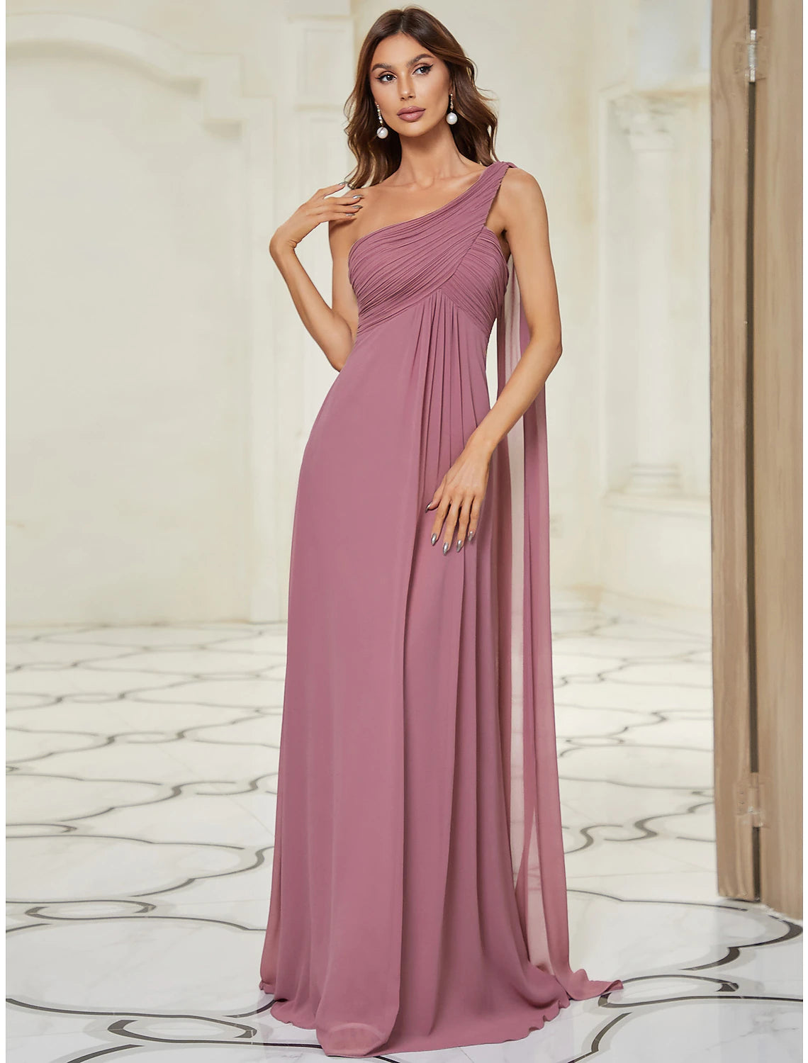 Wholesale A-Line Evening Gown Empire Dress Formal Evening Floor Length Sleeveless One Shoulder Bridesmaid Dress Chiffon Backless with Pleats Draping