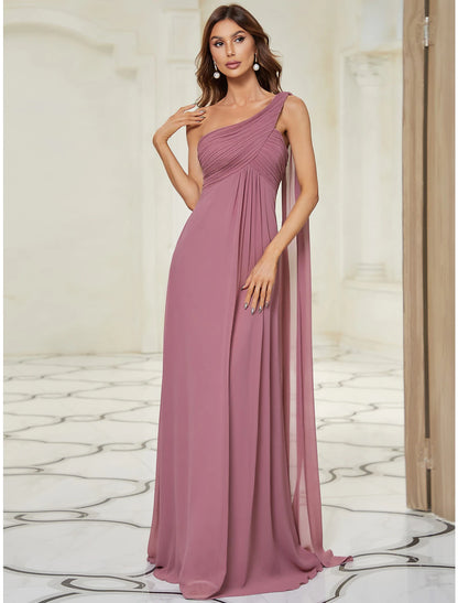 Wholesale A-Line Evening Gown Empire Dress Formal Evening Floor Length Sleeveless One Shoulder Bridesmaid Dress Chiffon Backless with Pleats Draping