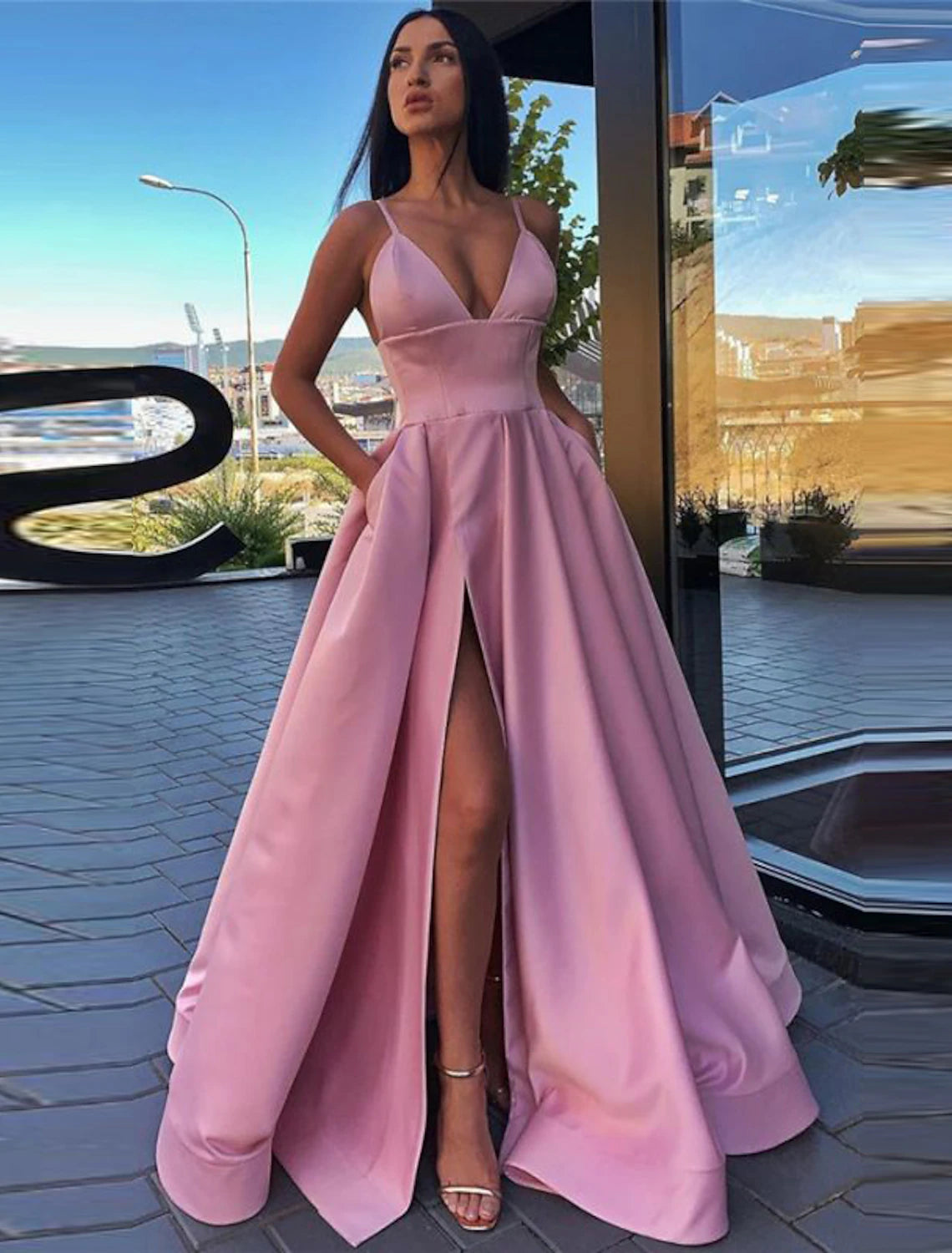 Wholesale A-Line Black Prom Dress High Split Evening Dress Formal Birthday Summer Dress Spaghetti Strap Sleeveless Sweep / Brush Train Satin with Pleats