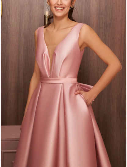 Wholesale A-Line Cocktail Dresses Elegant Dress Wedding Wedding Guest Asymmetrical Sleeveless V Neck Satin with Bow(s) Pleats