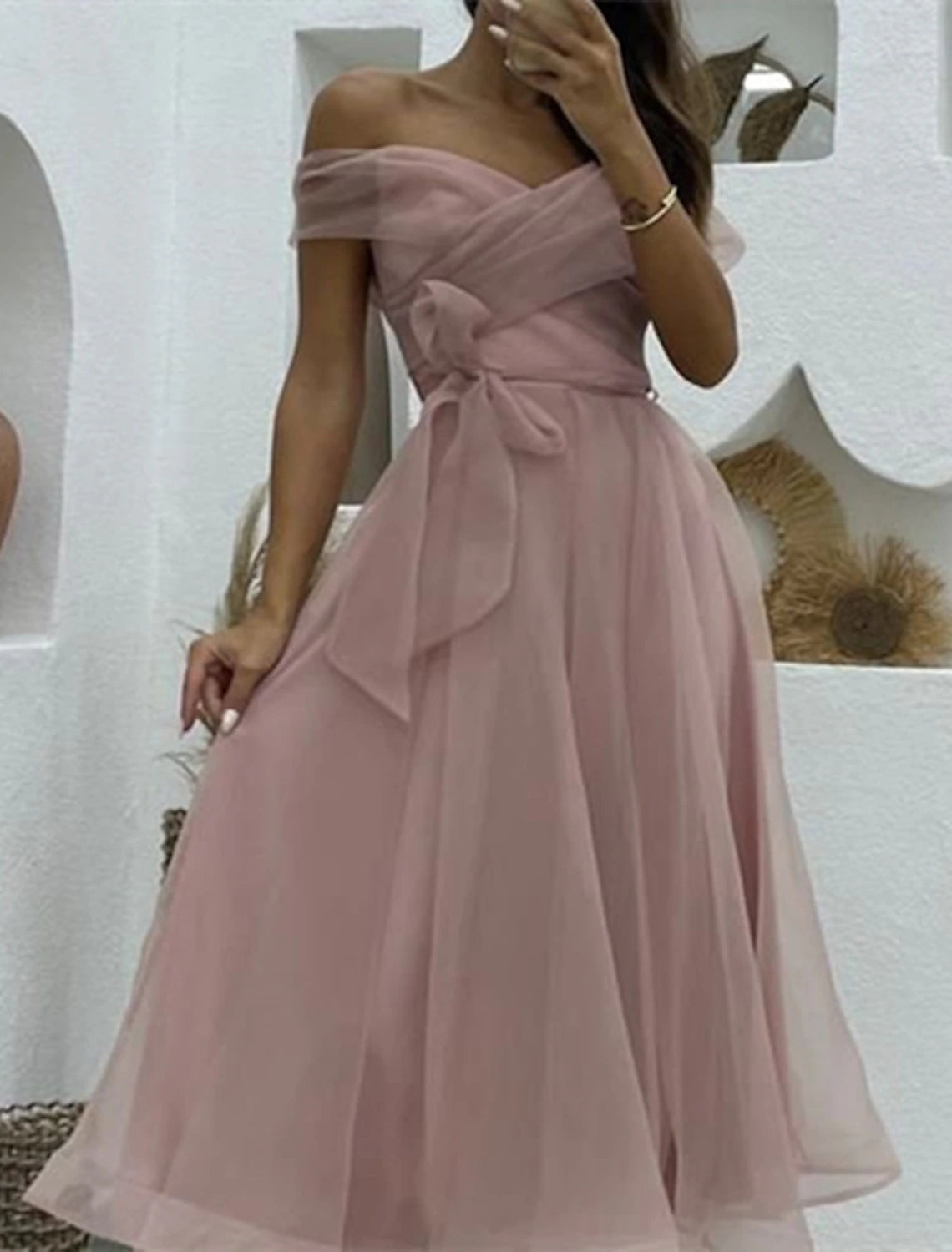 Wholesale A-Line Cocktail Dresses 1950s Dress Wedding Guest Birthday Tea Length Sleeveless Off Shoulder Belt / Sash Organza with Ruched