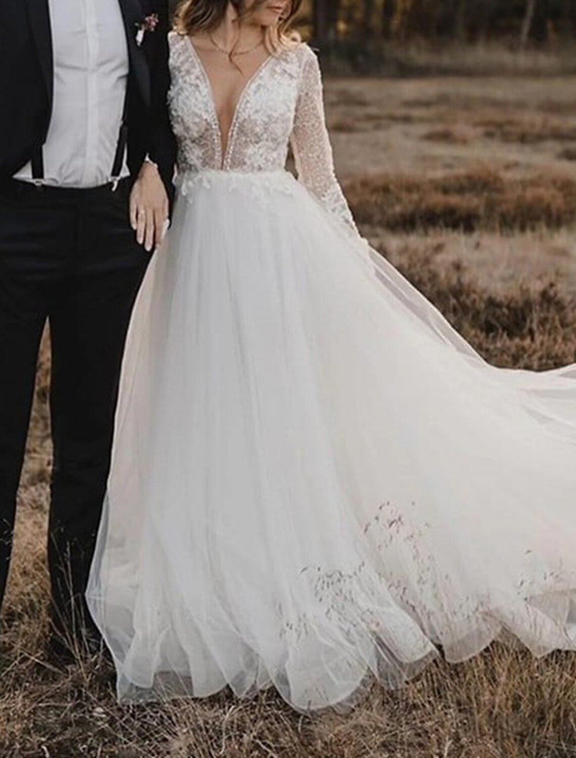 Wholesale Beach Boho Wedding Dresses A-Line V Neck Long Sleeve Court Train Lace Bridal Gowns With Appliques