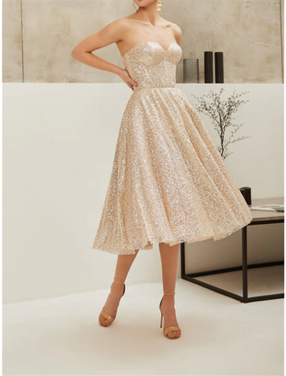 Wholesale A-Line Cocktail Dresses Party Dress Party Wear Engagement Knee Length Sleeveless Strapless Sequined with Pleats Sequin