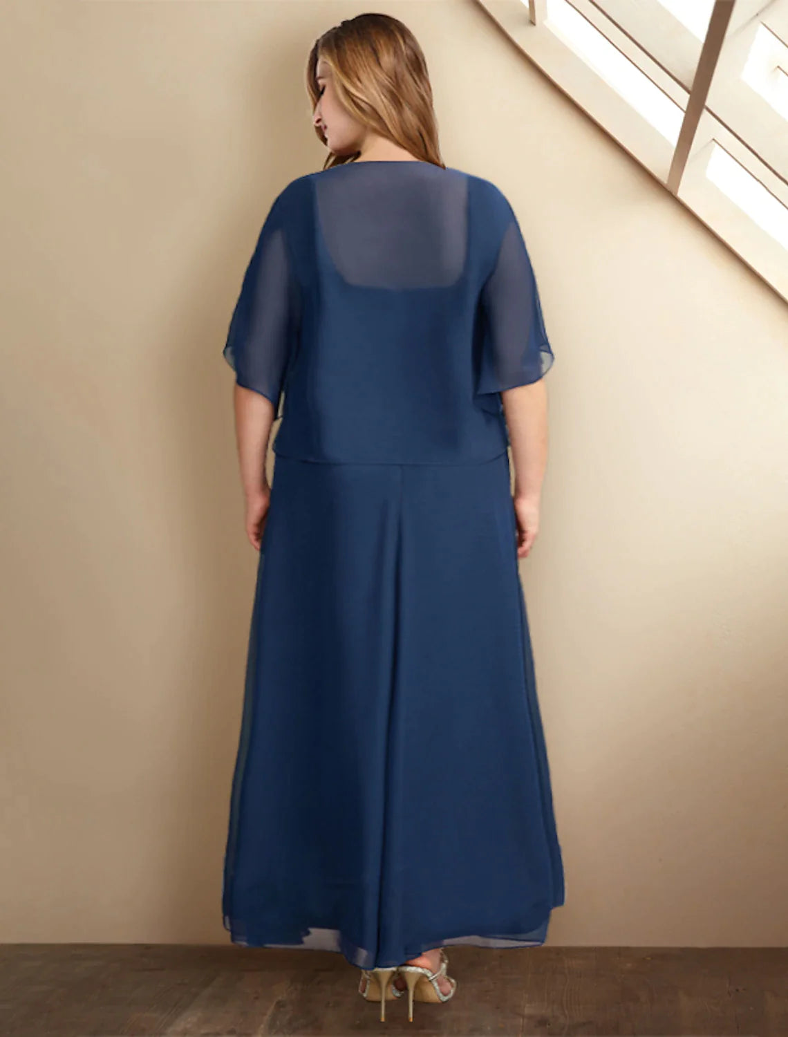 Wholesale Two Piece A-Line Mother of the Bride Dresses Plus Size Hide Belly Curve Elegant Dress Formal Asymmetrical Half Sleeve Square Neck Chiffon with Pleats Appliques
