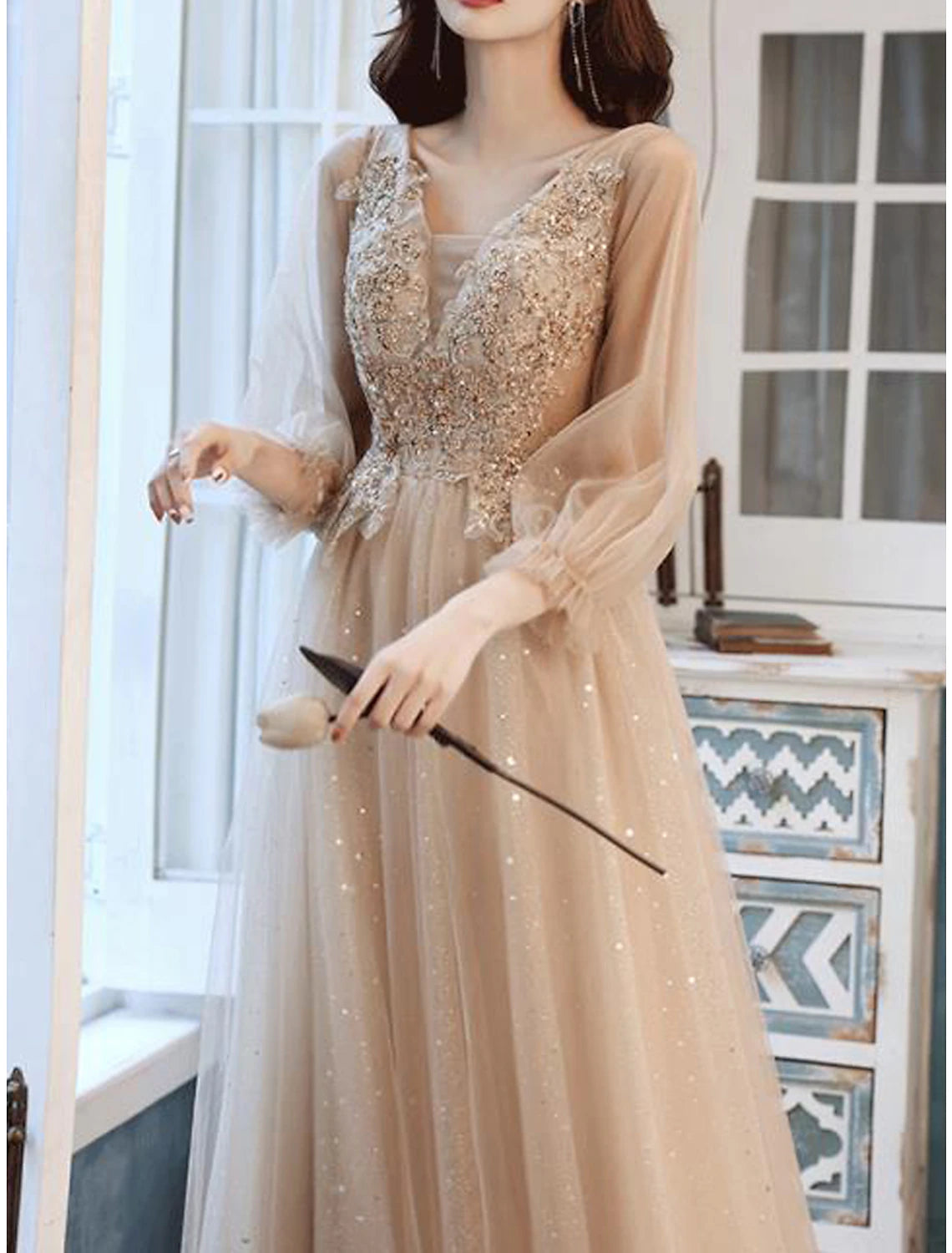 Wholesale A-Line Bridesmaid Dress V Neck Long Sleeve Elegant Tea Length Lace / Tulle with Beading / Appliques