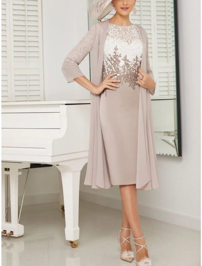 Wholesale Two Piece Sheath / Column Mother of the Bride Dress Wedding Guest Elegant Petite Scoop Neck Knee Length Chiffon Lace 3/4 Length Sleeve with Ruching